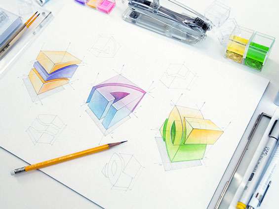 beyaz kağıda yapılmış üç boyutlu renkli çizimler ve bir adet kurşun kalem