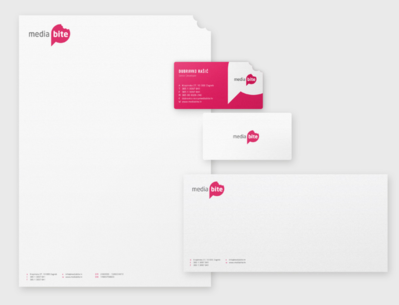 Media Bite firması için yapılmış antetli kağıt, kartvizit, zarf gibi kurumsal kimlik çalışmaları