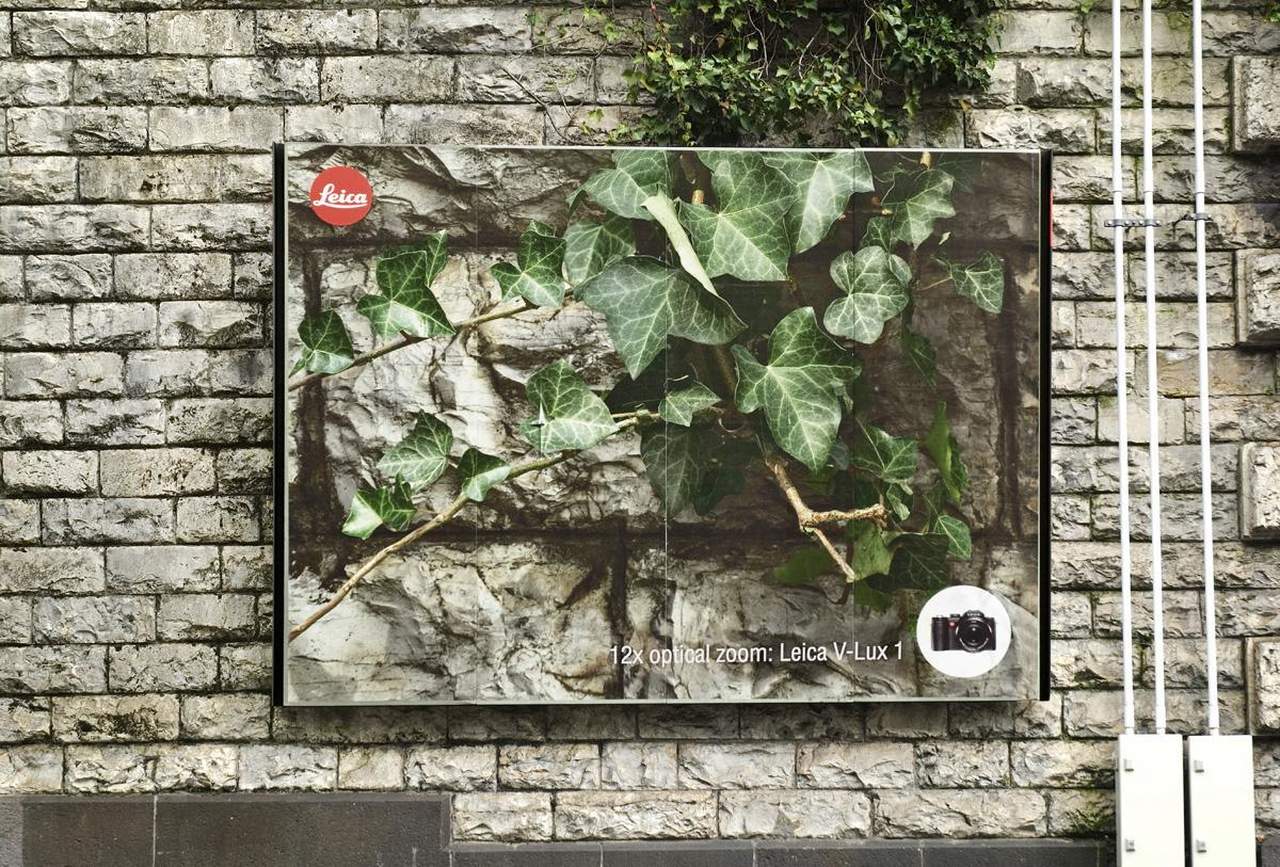 Leica fotoğraf makinelerinin üstün zoom kalitesini gösteren ve sarmaşık yapraklarının büyük kullanıldığı billboard
