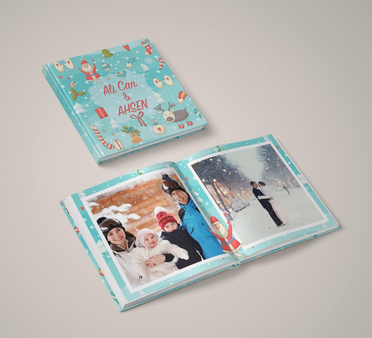 Üzerinde yeni yıl desenleri olan mavi foto kitap