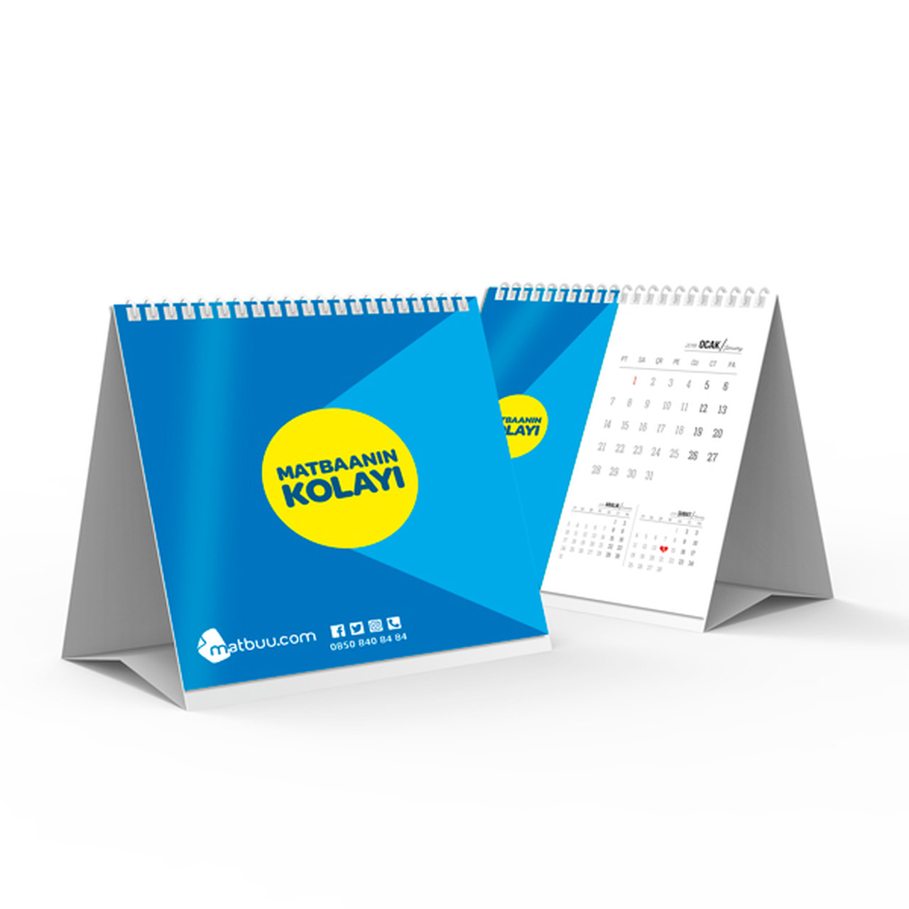 Mavi rengin baskın olduğu Matbuu logolu dikey masa takvimi görseli