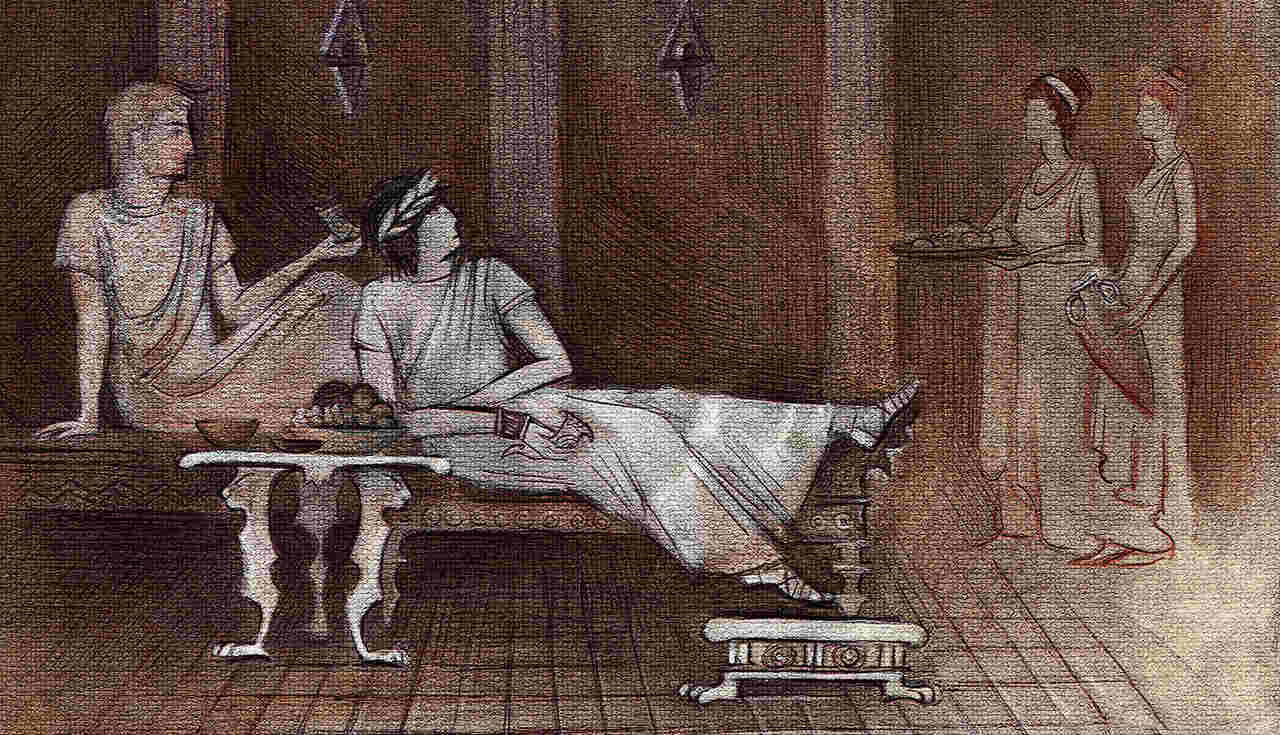 iki romalı adamın uzandığı, iki kadının ayakta durduğu çizim