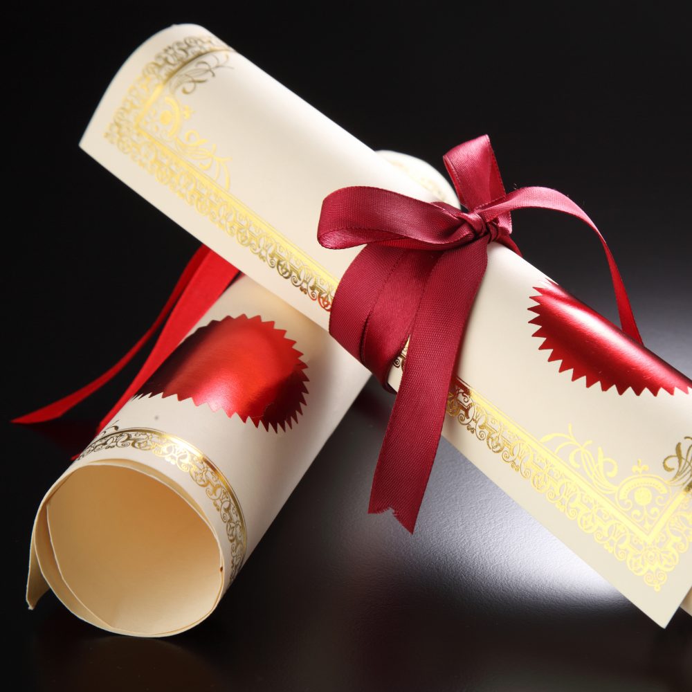 kırmızı kurdeleyle bağlanmış ve rulo yapılmış iki adet diploma