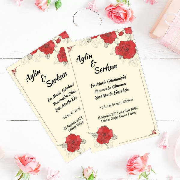 evlilik davetiye,kırmızı,çiçek,pastel