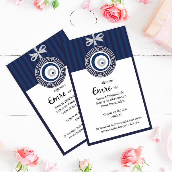 sünnet davetiyesi nazar boncuğu mavi sade
