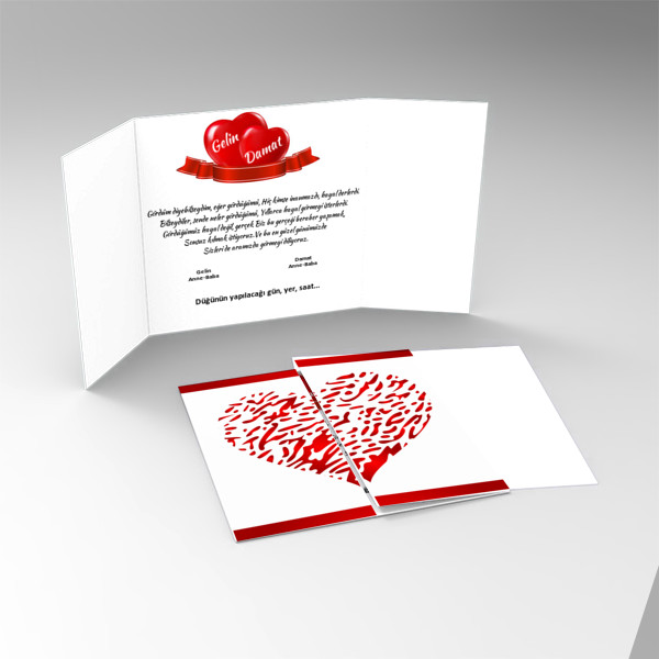 Çift kırımlı davetiye (Kalp Temalı)