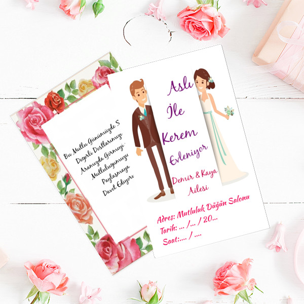 Sade Gül Desenli Düğün Davetiye
