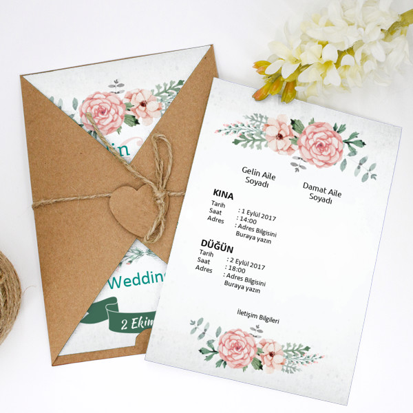 Pembe Çiçekli Davetiye