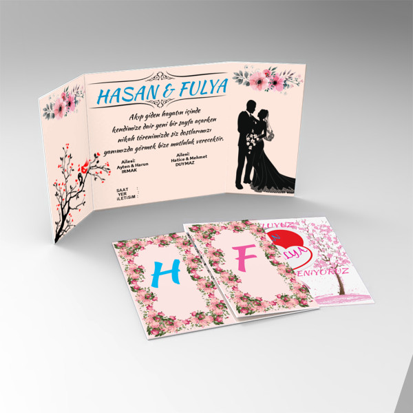 Modern pembe desen lux davetiye iki katli